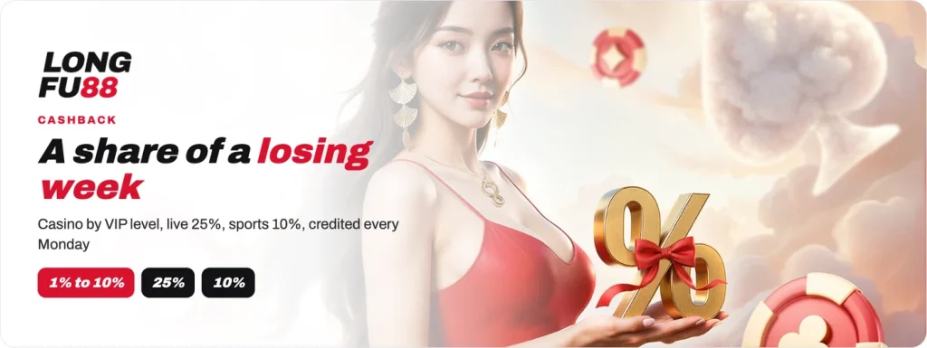 Longfu88 cashback: casino 1% to 10% by VIP level, live casino 25%, sports 10%, credited every Monday
