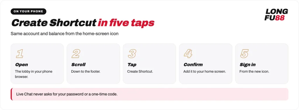 Longfu88 on your phone: Create Shortcut in five taps from the lobby footer