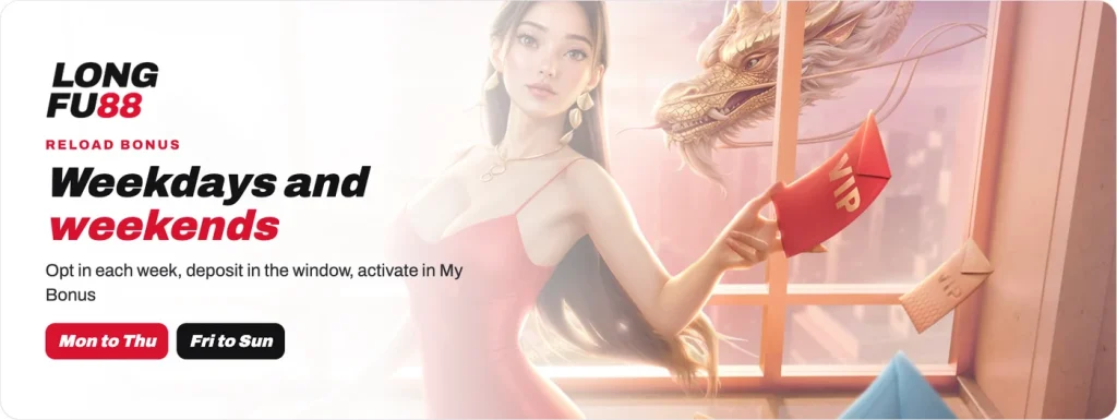 Longfu88 reload bonuses for Monday to Thursday and Friday to Sunday